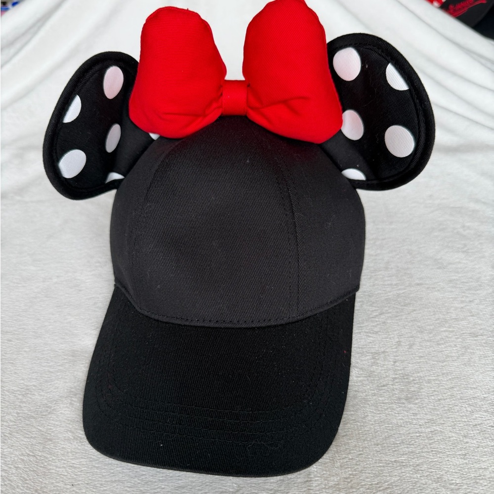 Disney Minnie Mouse Black Cap with Red Bow and Polka Dot Ears. Used